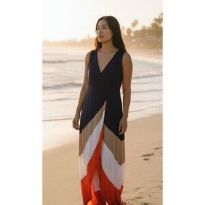 Spense Maxi Wrap Dress Womens Medium Blue Colorblock Jersey Knit Sundress